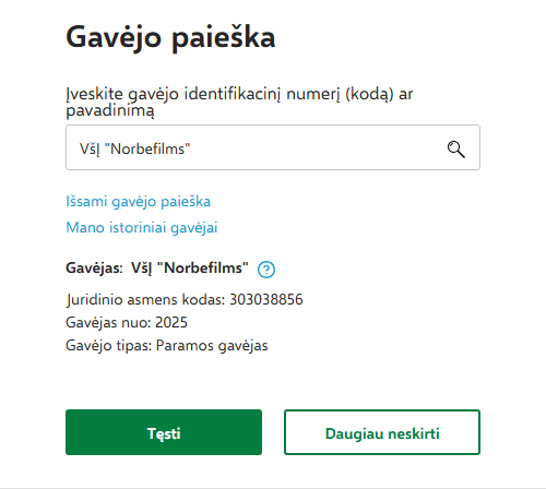 Gavėjo paieška: VšĮ Norbefilms, kodas 303038856