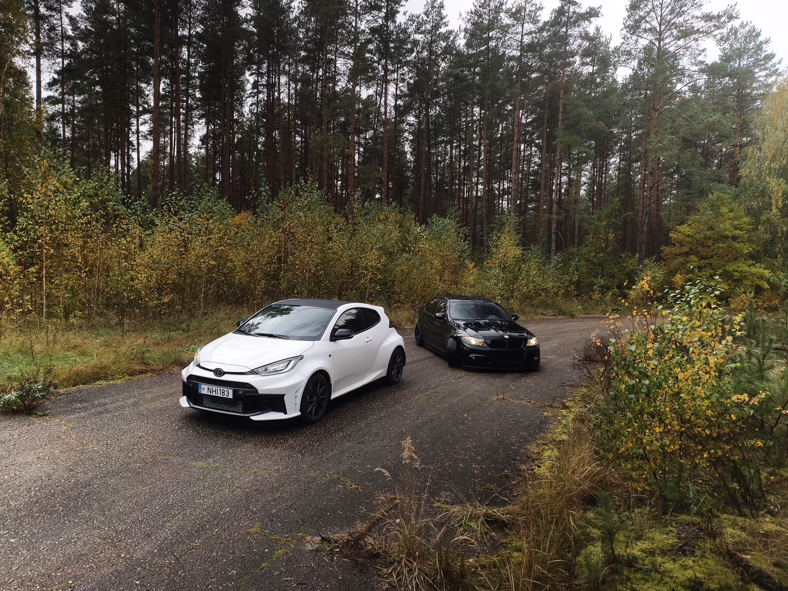 Baltas ir juodas automobiliai asfaltuotoje aikštelėje miško fone.