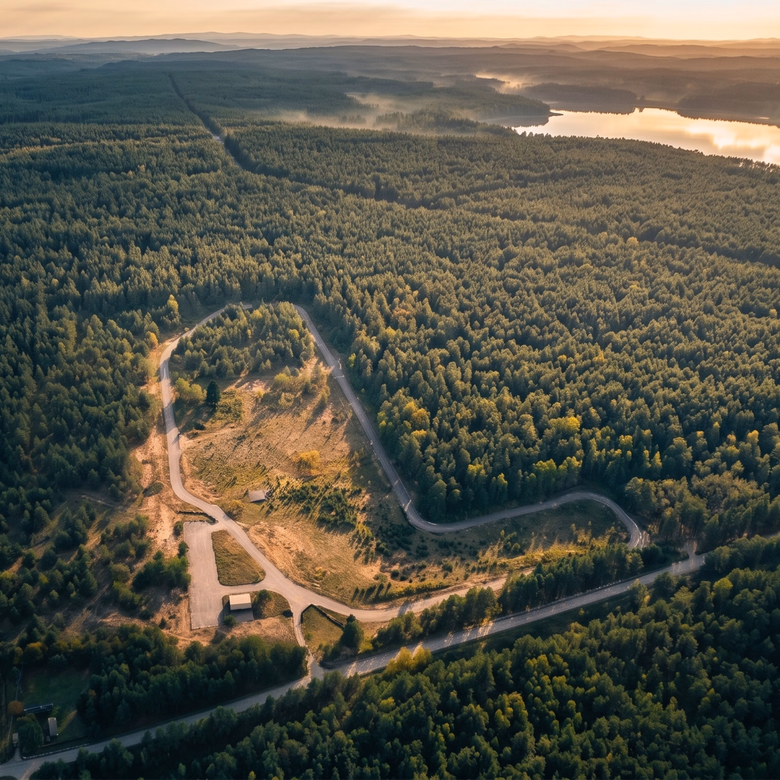 Veisejai trasos aerofoto, apsupta miško.